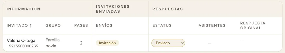 Renglón de la lista de confirmaciones en Lacre: la invitación ya salió y el estatus del invitado dice «Enviado», a la espera de su respuesta
